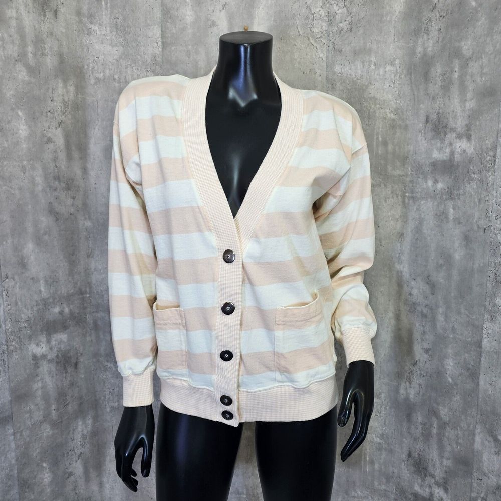 Vintage 80s Lizsport Petites S Pink Cream Colorblock Striped Cardigan Sweater